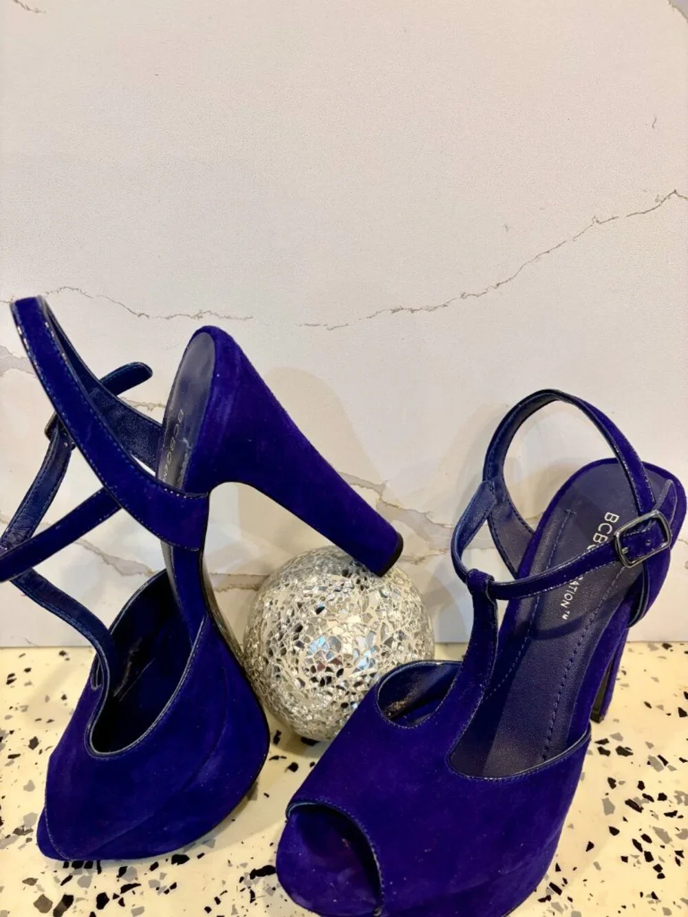 Suede Blue 7 1/2, excellent condition strap on shoe.